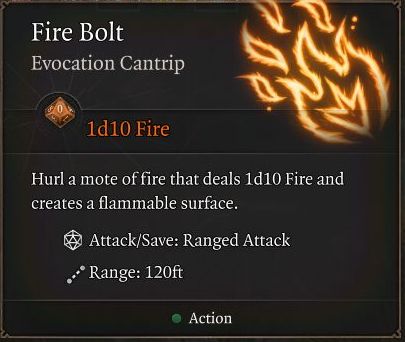 Baldur's Gate 3 Fire Bolt Cantrip Spell EFFECTS.