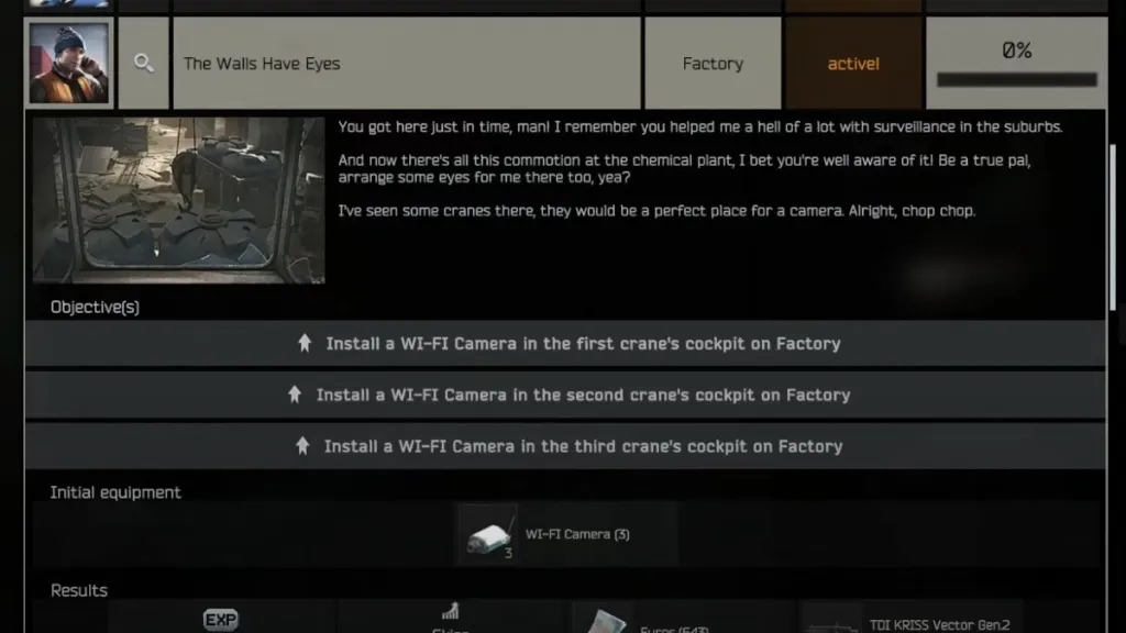 image showing The Walls Have Eyes quest objectives in Escape from Tarkov