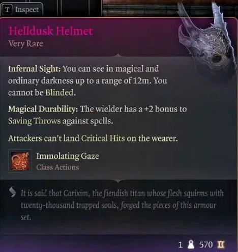 Helldusk Helmet description and stats.