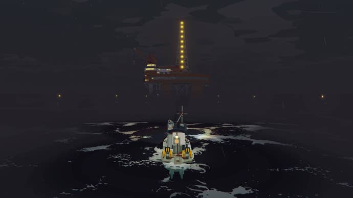 The player's ship approaching the iron rig in Dredge.