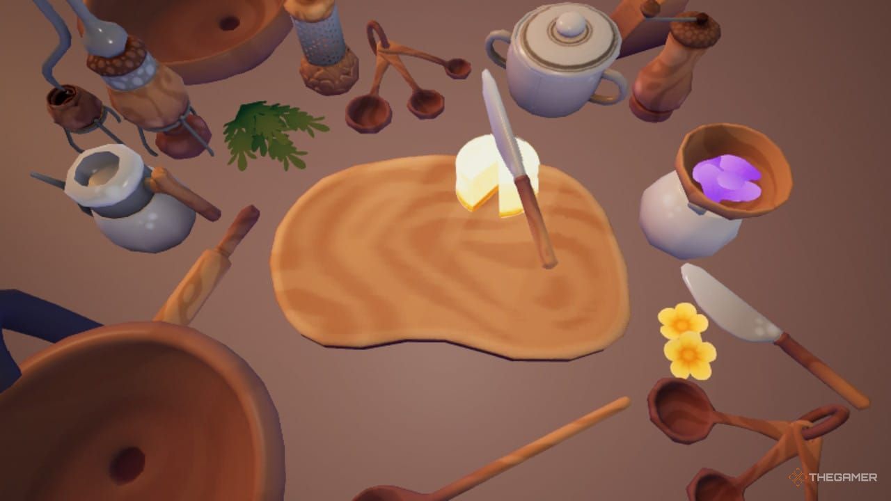 Cutting Board sequence where player chops pieces of cake in Garden Witch Life.