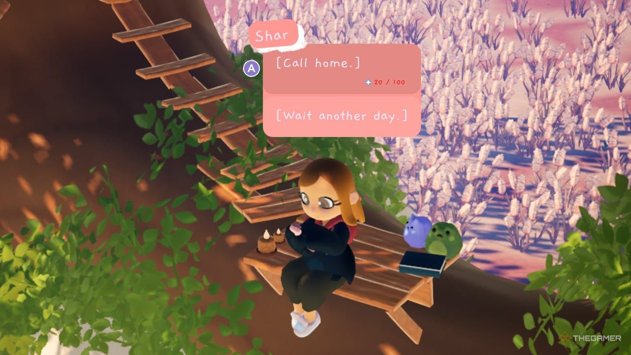 Player sitting on tree branch, using a cellphone in Garden Witch Life.