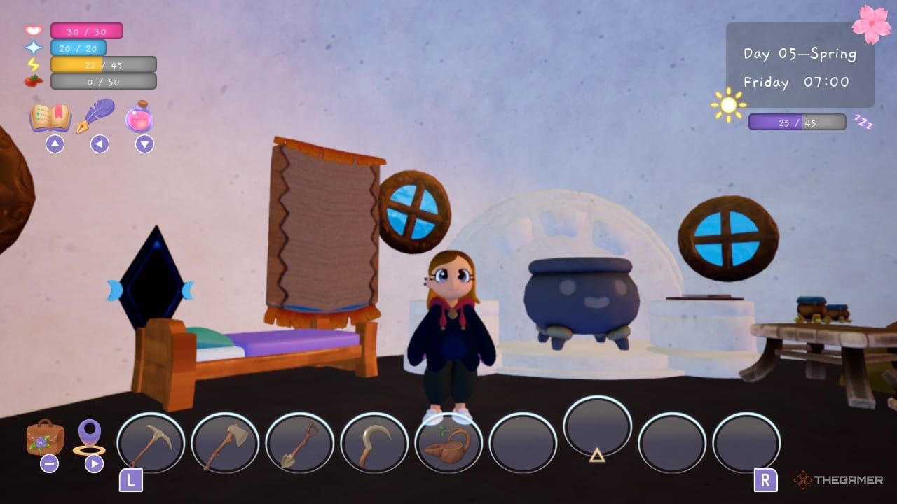 Player standing in house next to bed and cauldron in Garden Witch Life.