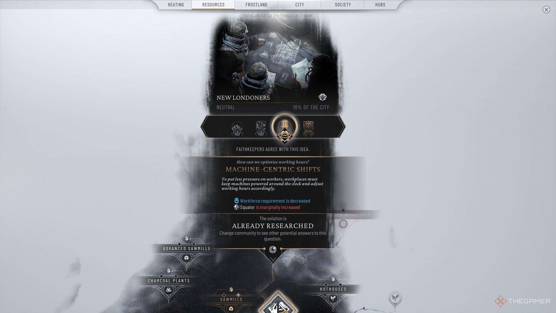 the idea panel for machine-centric shifts, proposed by the people of New London, in Frostpunk 2.