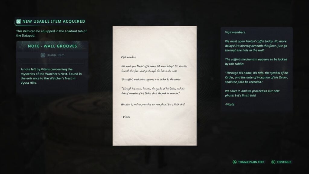 «Взлом Гнезда Наблюдателя: как без головной боли решить обязательную головоломку Hell Is Us» 4 Записка 'Борозды на стене'