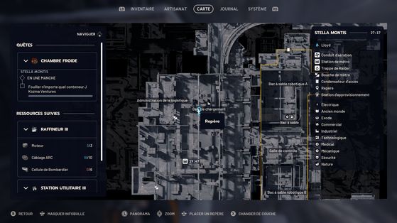 Прохождение квеста "Холодный склад" в Arc Raiders: контейнер Kozma Ventures на карте Stella Montis 3 Карта верхнего уровня Stella Montis с отметкой центральной зоны загрузочных отсеков